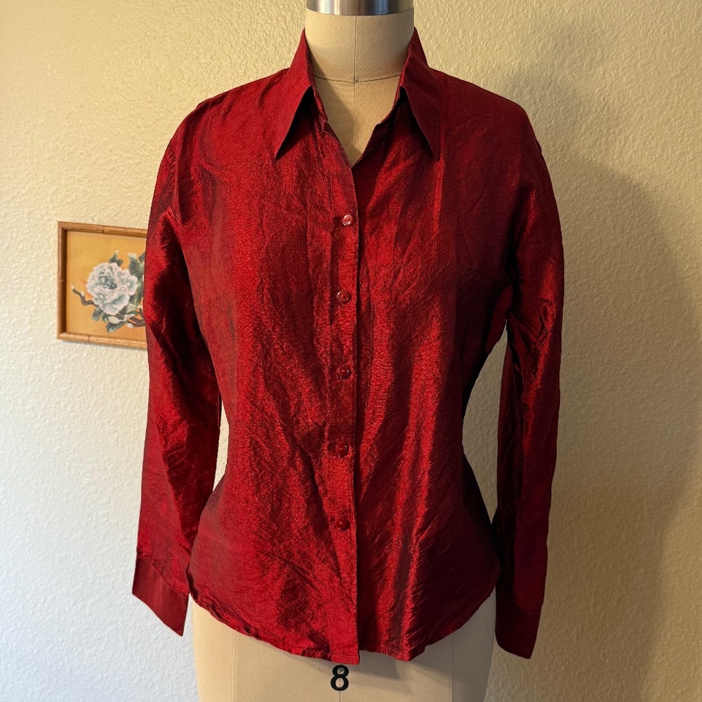 Women's Red Satin-Like Button-Down Shirt